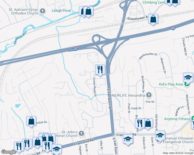 map of restaurants, bars, coffee shops, grocery stores, and more near 5940 Highdale Circle in Franconia