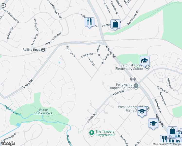 map of restaurants, bars, coffee shops, grocery stores, and more near 5835 Fitzhugh Street in Burke