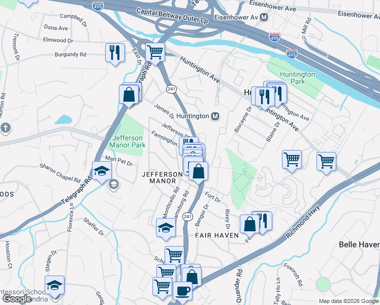 map of restaurants, bars, coffee shops, grocery stores, and more near 2609 Farmington Drive in Alexandria
