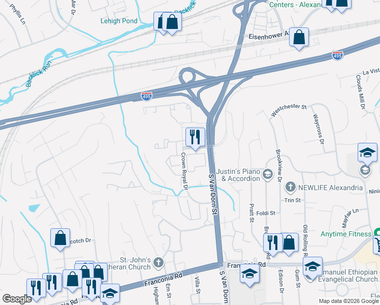 map of restaurants, bars, coffee shops, grocery stores, and more near 5940 Highdale Circle in Franconia