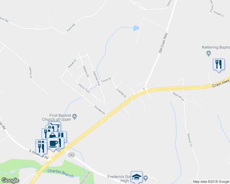 map of restaurants, bars, coffee shops, grocery stores, and more near 7401 Loanda Drive in Upper Marlboro