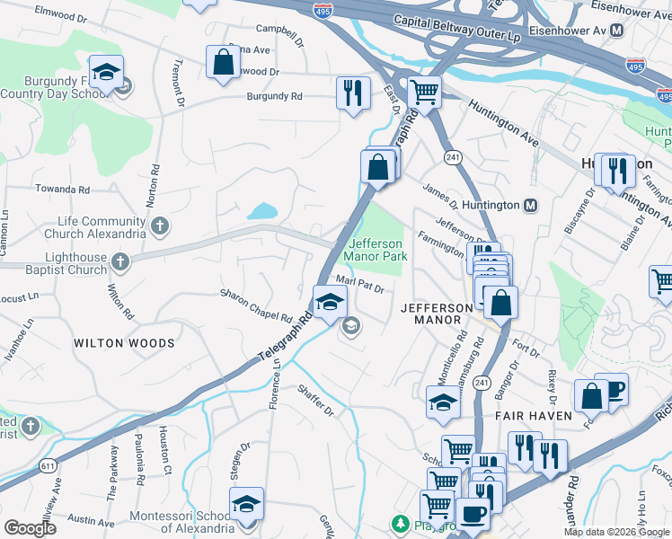 map of restaurants, bars, coffee shops, grocery stores, and more near 5825 Virginia 611 in Alexandria