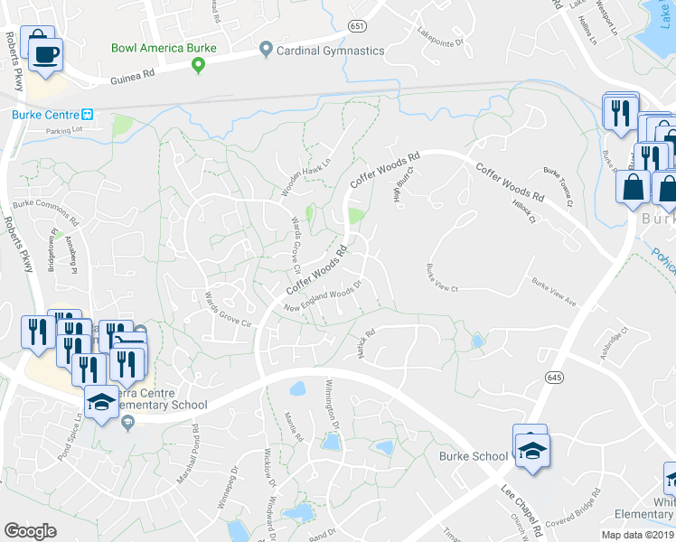 map of restaurants, bars, coffee shops, grocery stores, and more near 5841 New England Woods Drive in Burke