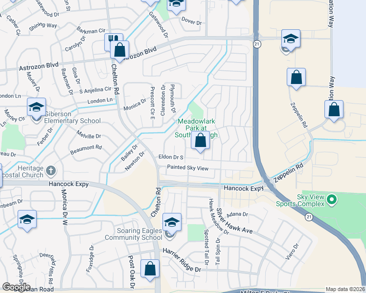map of restaurants, bars, coffee shops, grocery stores, and more near 2870 Blake Drive in Colorado Springs