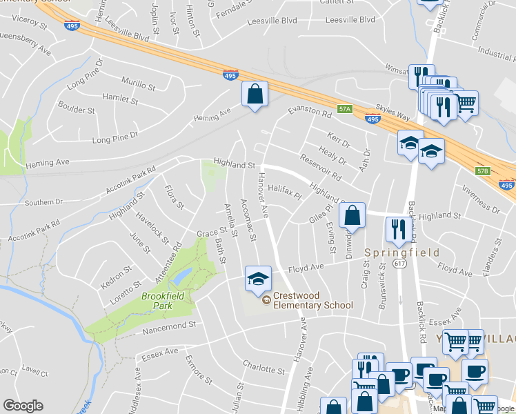 map of restaurants, bars, coffee shops, grocery stores, and more near 5816 Hanover Ave in Springfield