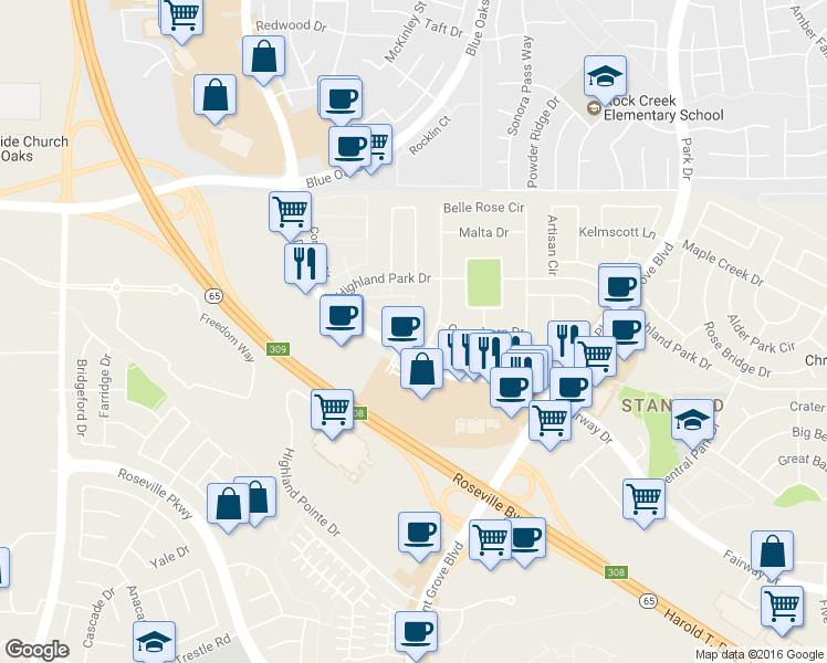 map of restaurants, bars, coffee shops, grocery stores, and more near 1303 Dante Circle in Roseville