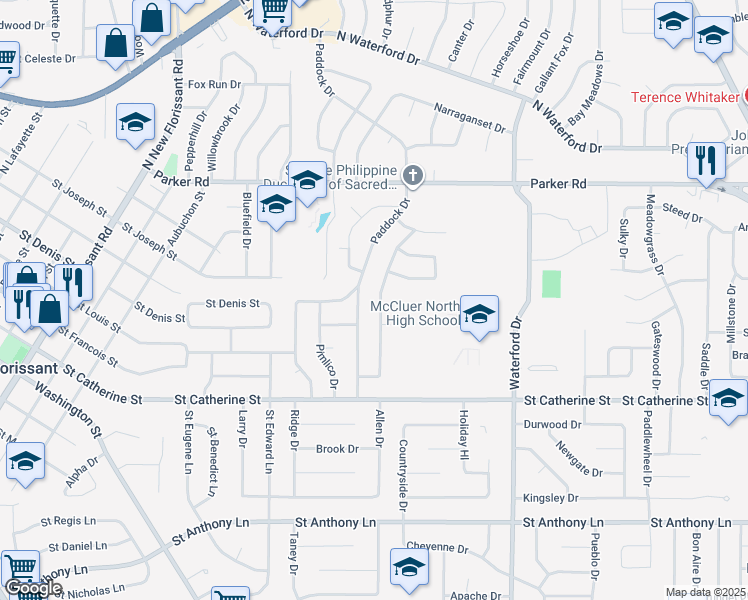 map of restaurants, bars, coffee shops, grocery stores, and more near 885 Preakness Lane in Florissant