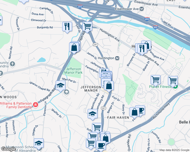map of restaurants, bars, coffee shops, grocery stores, and more near 2712 Farnsworth Drive in Alexandria