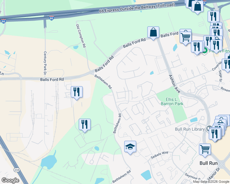 map of restaurants, bars, coffee shops, grocery stores, and more near 11356 Willow Green Circle in Manassas