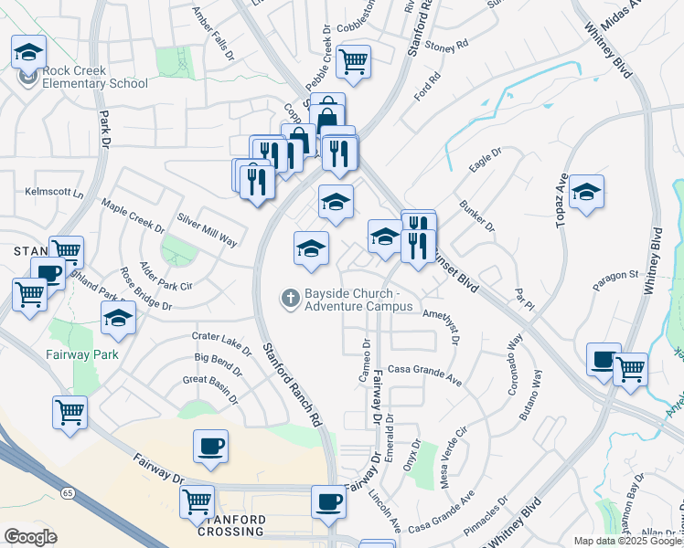 map of restaurants, bars, coffee shops, grocery stores, and more near 6000 Turquoise Drive in Rocklin