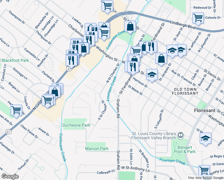 map of restaurants, bars, coffee shops, grocery stores, and more near 105 Reeb Lane in Florissant