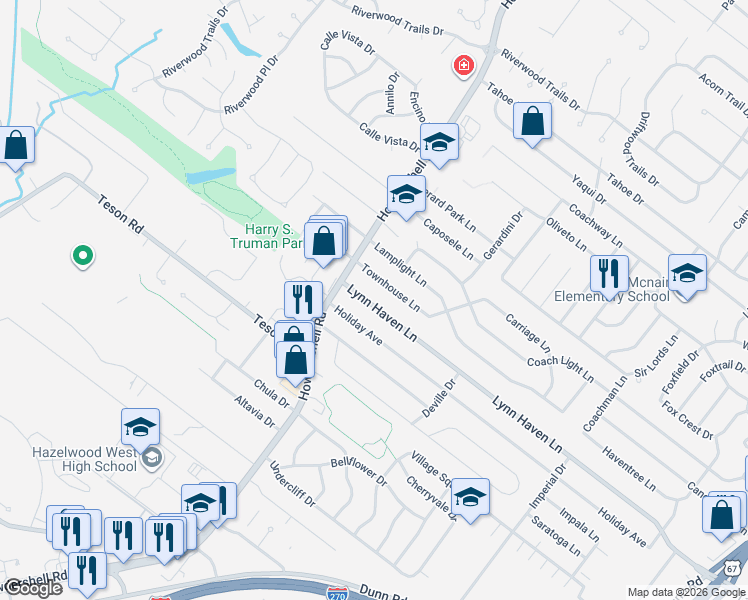 map of restaurants, bars, coffee shops, grocery stores, and more near 841 Lynn Haven Lane in Hazelwood
