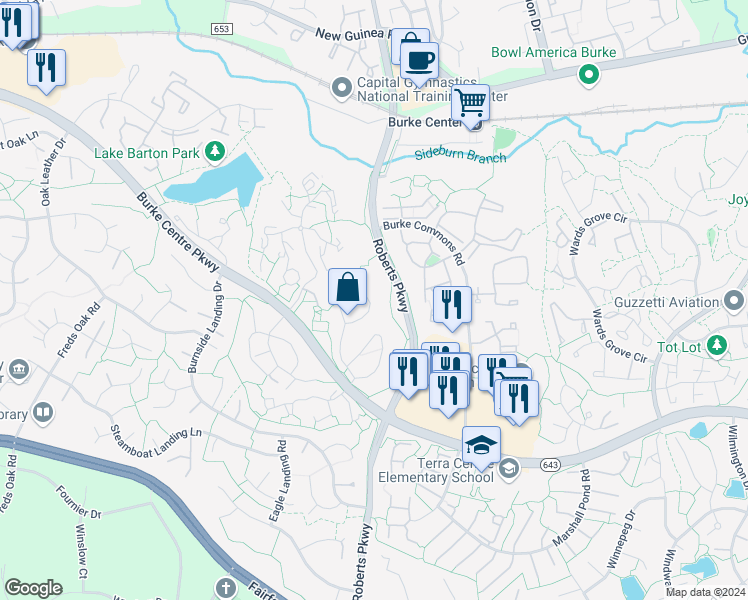 map of restaurants, bars, coffee shops, grocery stores, and more near 121 1st Landing Way in Burke