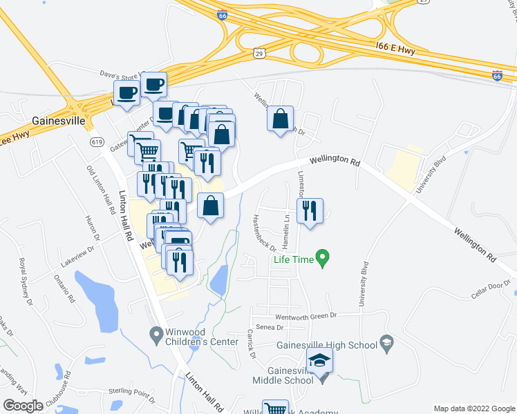 map of restaurants, bars, coffee shops, grocery stores, and more near 13668 Sovereign Way in Gainesville