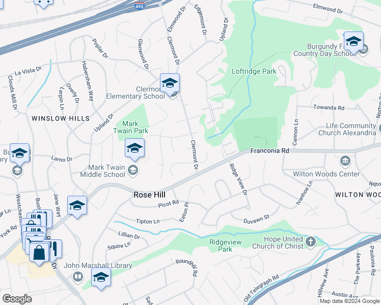 map of restaurants, bars, coffee shops, grocery stores, and more near 4501 Hadrian Court in Alexandria
