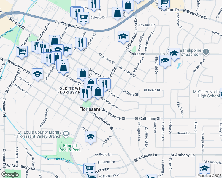 map of restaurants, bars, coffee shops, grocery stores, and more near 725 North Castello Street in Florissant