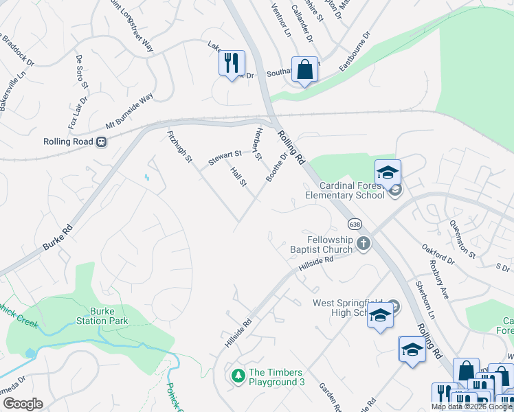 map of restaurants, bars, coffee shops, grocery stores, and more near 5901 Boothe Drive in Burke