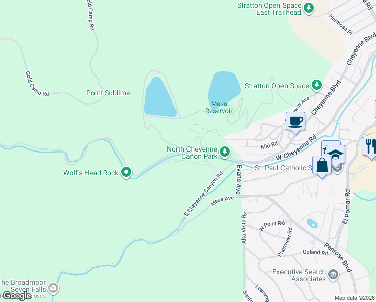 map of restaurants, bars, coffee shops, grocery stores, and more near North Cheyenne Canyon Road in Colorado Springs