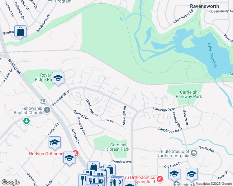 map of restaurants, bars, coffee shops, grocery stores, and more near 8312 Darlington Court in West Springfield