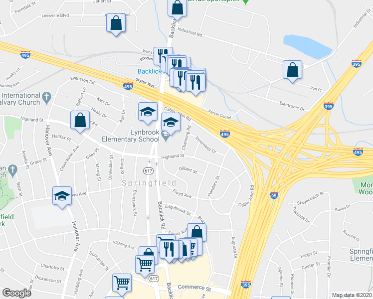 map of restaurants, bars, coffee shops, grocery stores, and more near 5817 Channing Road in Springfield
