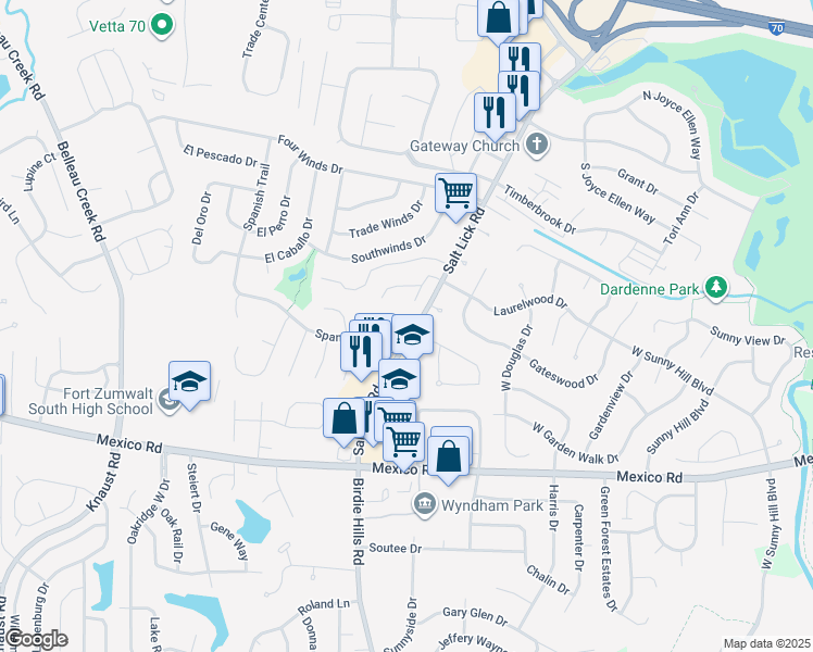 map of restaurants, bars, coffee shops, grocery stores, and more near 103 Crickett Court in St. Peters
