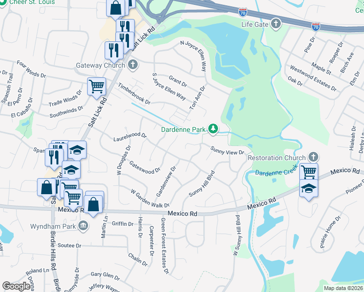map of restaurants, bars, coffee shops, grocery stores, and more near 82 Sunny View Drive in St. Peters
