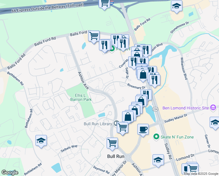 map of restaurants, bars, coffee shops, grocery stores, and more near 7596 Orchid Court in Manassas