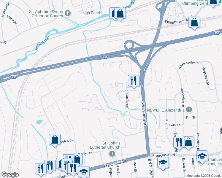 map of restaurants, bars, coffee shops, grocery stores, and more near 6015 Terrapin Place in Alexandria