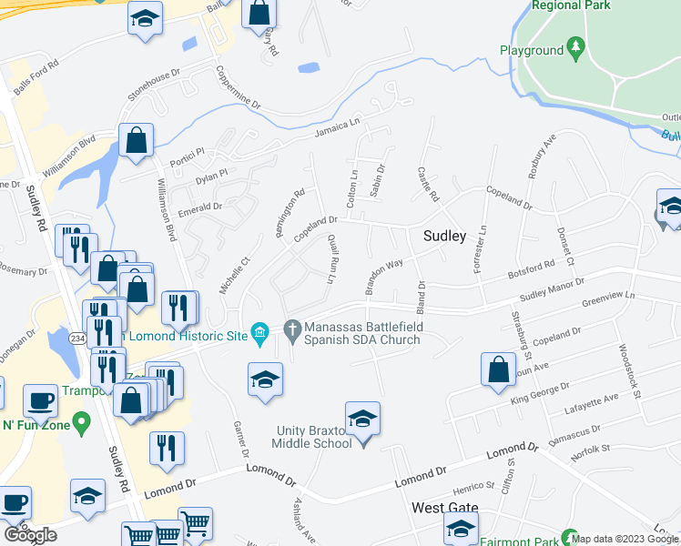 map of restaurants, bars, coffee shops, grocery stores, and more near 7586 Quail Run Lane in Manassas
