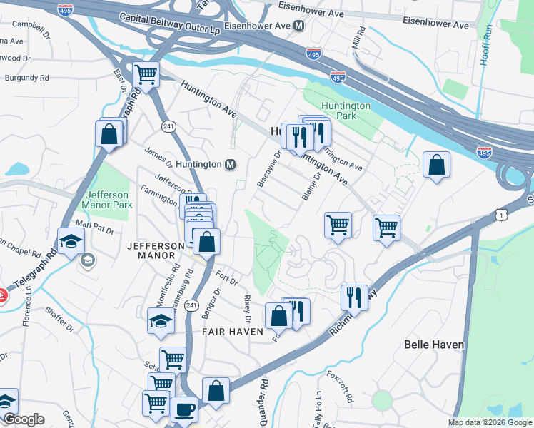 map of restaurants, bars, coffee shops, grocery stores, and more near 5825 Biscayne Drive in Alexandria