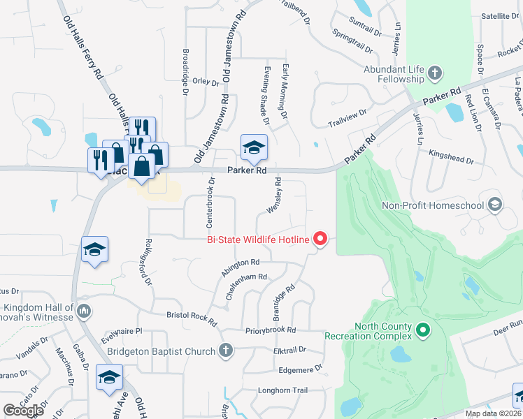 map of restaurants, bars, coffee shops, grocery stores, and more near 12195 Wensley Road in Florissant