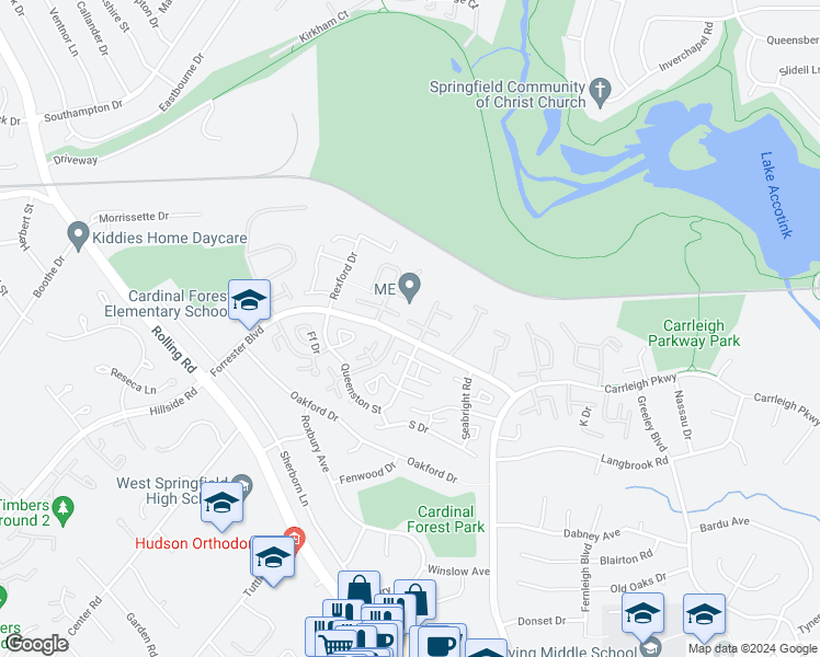 map of restaurants, bars, coffee shops, grocery stores, and more near 8356 Forrester Boulevard in West Springfield
