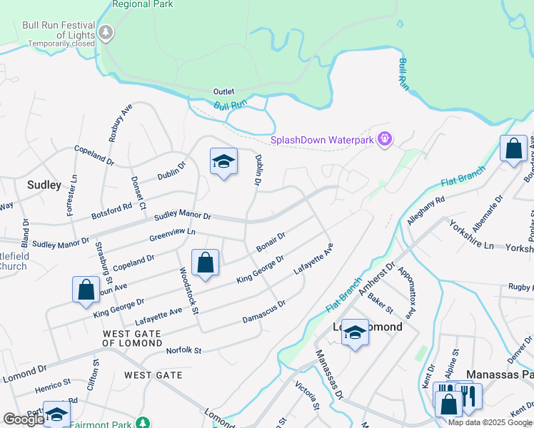 map of restaurants, bars, coffee shops, grocery stores, and more near 9512 Sudley Manor Drive in Manassas