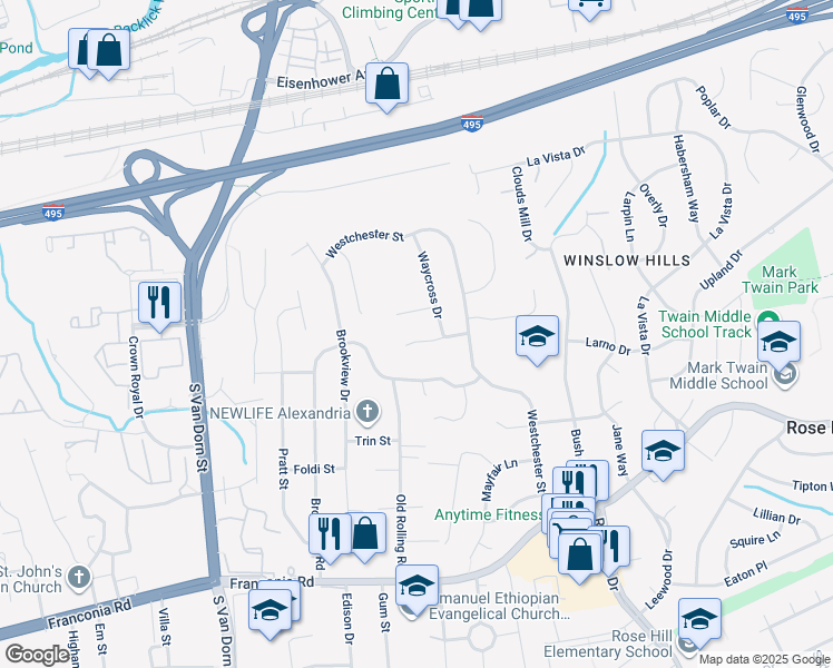 map of restaurants, bars, coffee shops, grocery stores, and more near 5412 Hopark Drive in Alexandria