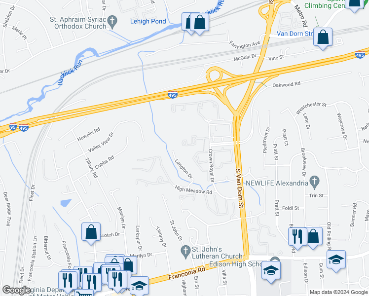 map of restaurants, bars, coffee shops, grocery stores, and more near 6015 Terrapin Place in Alexandria