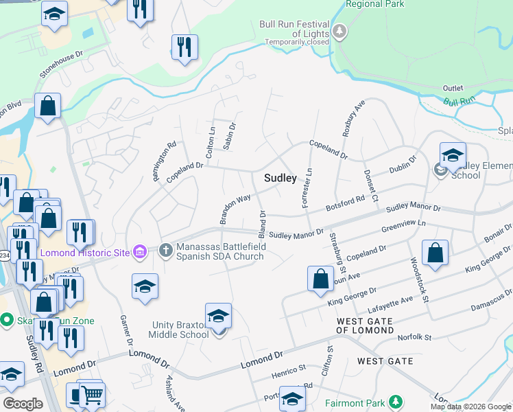 map of restaurants, bars, coffee shops, grocery stores, and more near 7516 Bland Drive in Manassas
