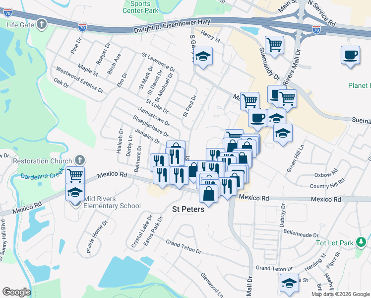 map of restaurants, bars, coffee shops, grocery stores, and more near 409 South Church Street in St. Peters