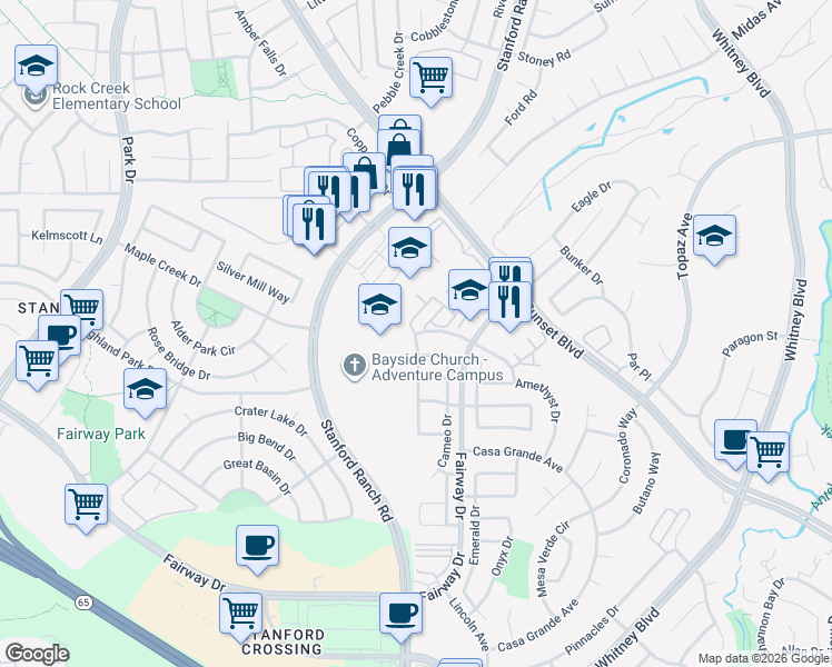 map of restaurants, bars, coffee shops, grocery stores, and more near 6000 Turquoise Drive in Rocklin