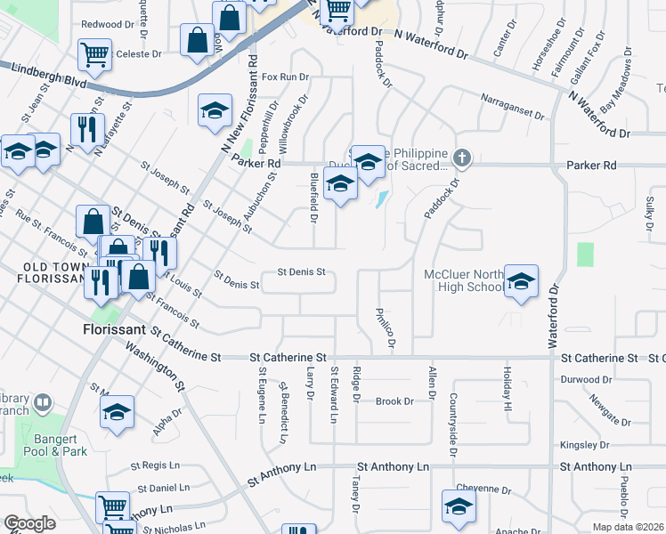 map of restaurants, bars, coffee shops, grocery stores, and more near 1715 Saint Loretto Drive in Florissant