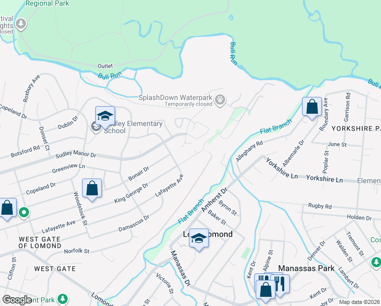 map of restaurants, bars, coffee shops, grocery stores, and more near 9330 King George Drive in Manassas