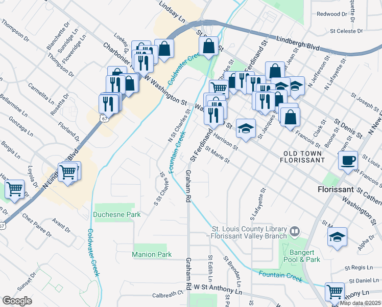 map of restaurants, bars, coffee shops, grocery stores, and more near 125 Saint Ferdinand Street in Florissant