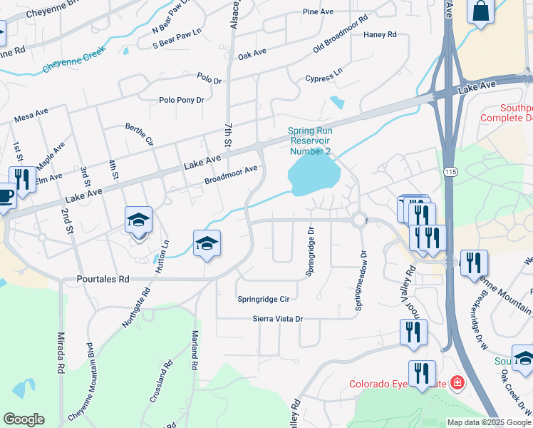 map of restaurants, bars, coffee shops, grocery stores, and more near 218 West Cheyenne Mountain Boulevard in Colorado Springs