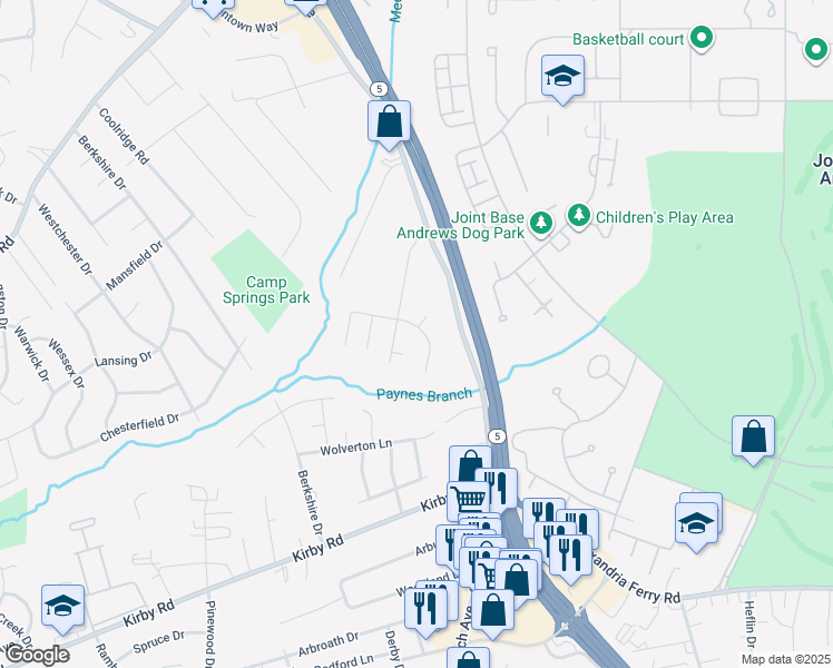 map of restaurants, bars, coffee shops, grocery stores, and more near 7105 Rosecran Drive in Temple Hills