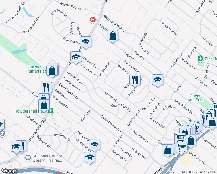 map of restaurants, bars, coffee shops, grocery stores, and more near 1586 Gerard Park Lane in Hazelwood