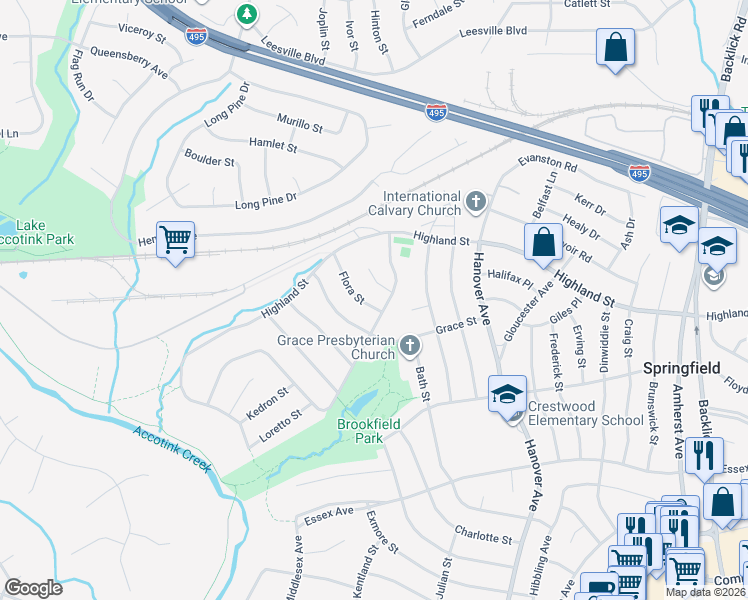 map of restaurants, bars, coffee shops, grocery stores, and more near 7412 Flora Street in Springfield