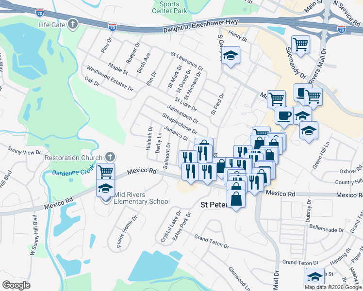 map of restaurants, bars, coffee shops, grocery stores, and more near 3 Bluegrass Ln in St Peters