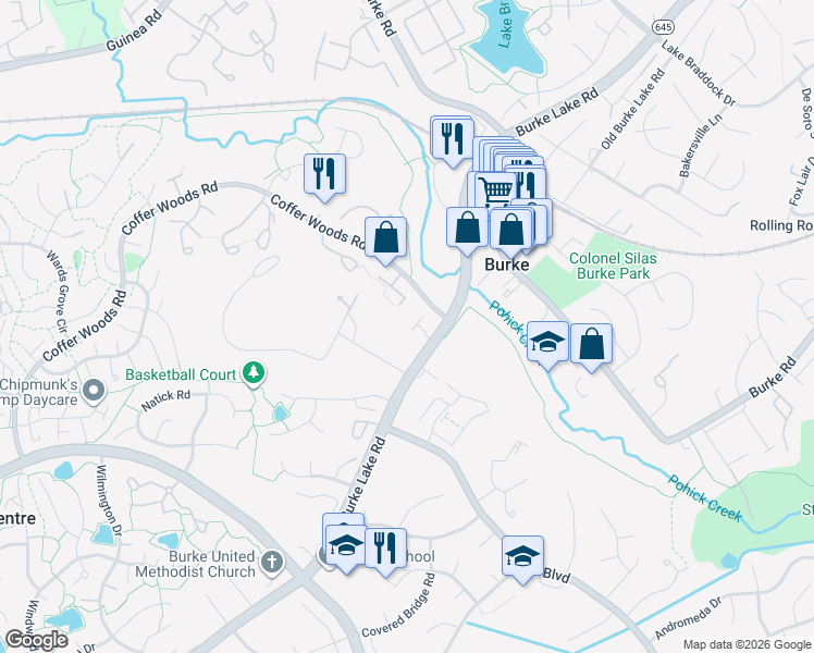map of restaurants, bars, coffee shops, grocery stores, and more near 9576 Robby Court in Burke