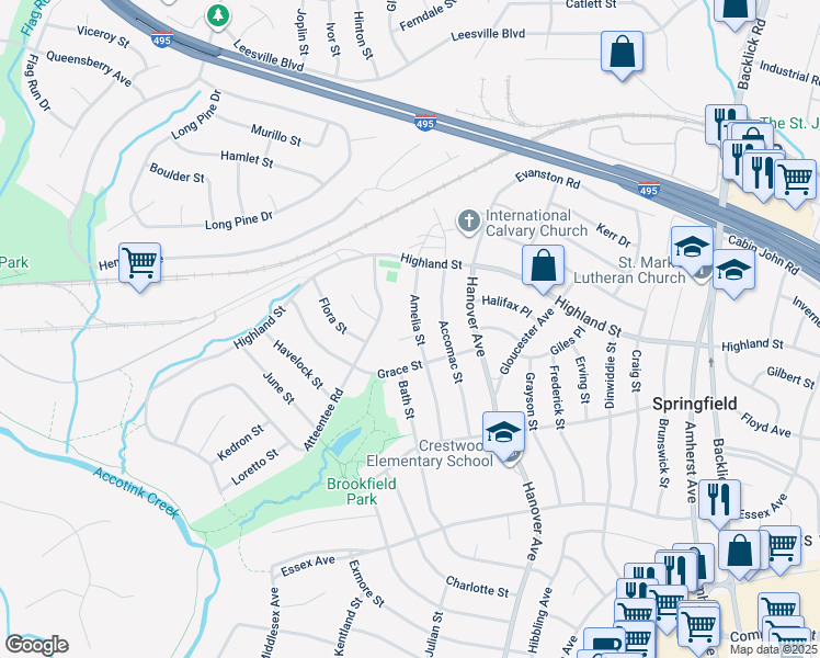 map of restaurants, bars, coffee shops, grocery stores, and more near 5816 Amelia Street in Springfield