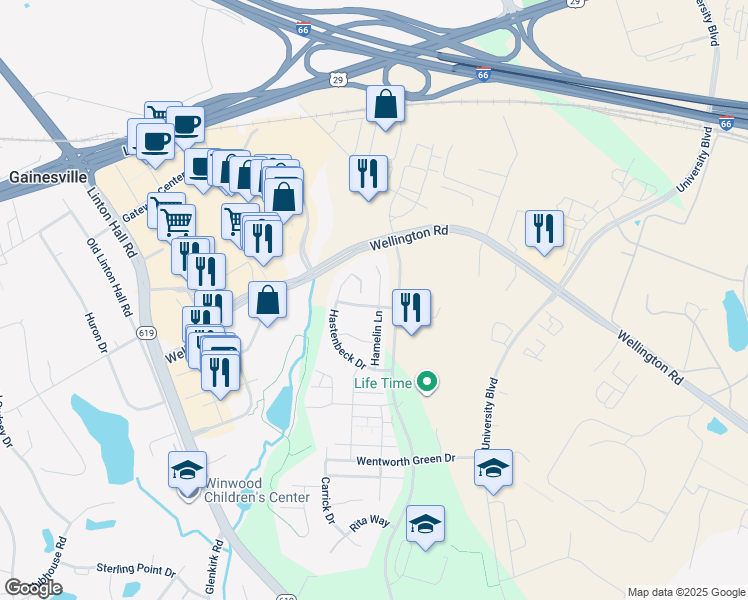 map of restaurants, bars, coffee shops, grocery stores, and more near 13664 Sovereign Way in Gainesville