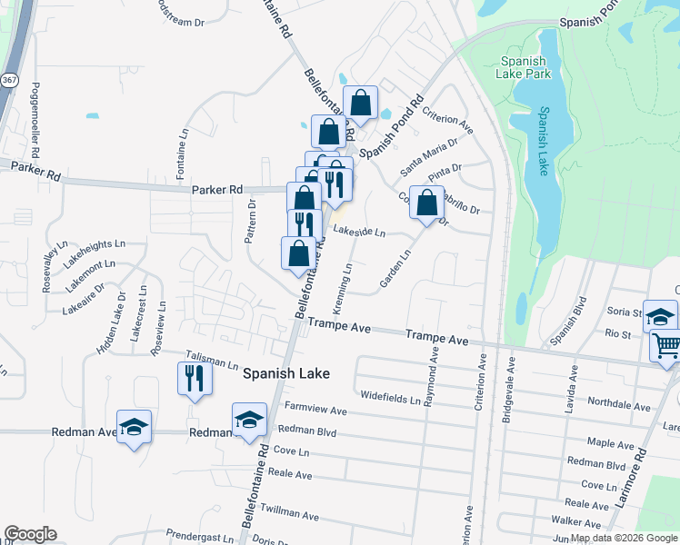 map of restaurants, bars, coffee shops, grocery stores, and more near 12051 Krenning Lane in St. Louis